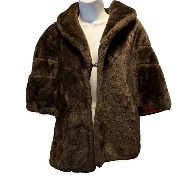 Vintage Faux Fur Capelet Jacket Brown Shawl Collar Bell Sleeves - Picture 3 of 7
